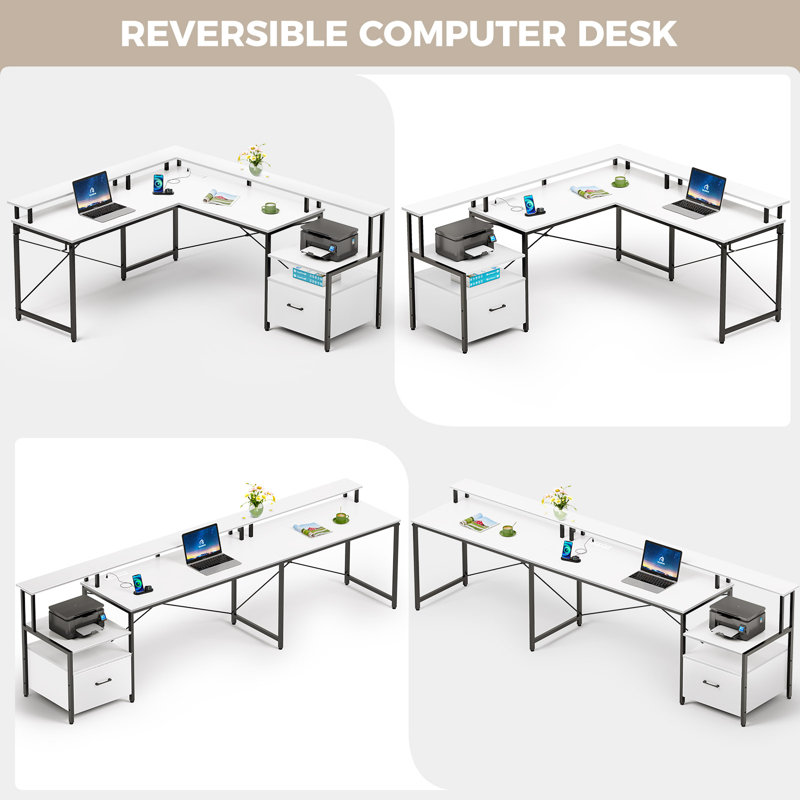 Kurtiss 68" L Shaped Computer Desk with File Drawer with Power Outlet & LED Strip, White
