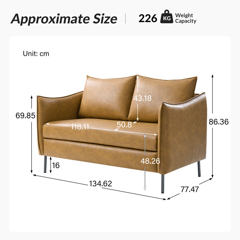 Monroe Modern 118CM  Upholstered Faux Leather Sofa, Camel