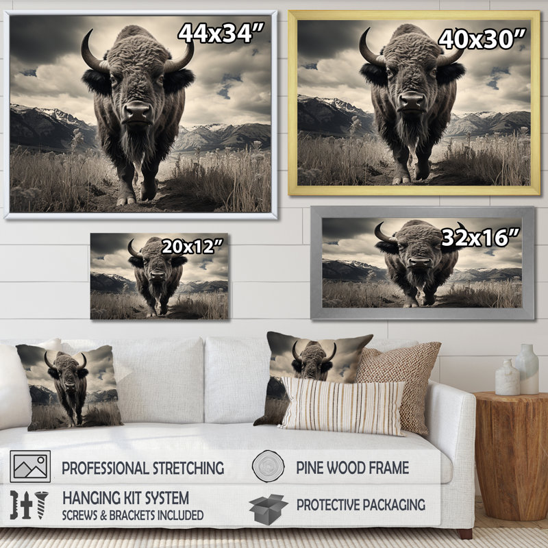 Bison Majestic Bison - Bison, reproduction sur toile, Cadre flottant noir, H 34 po x l 44 po x P 1,5 po
