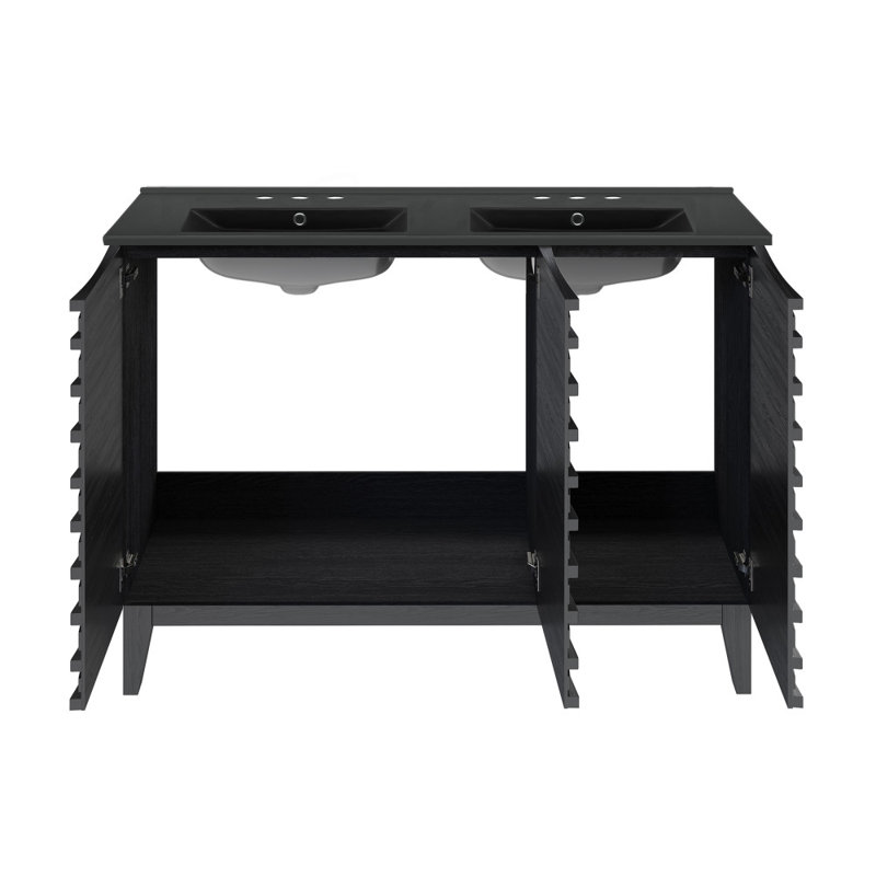 Cascade 48 po Meuble-lavabo double avec comptoir à 3 trous en céramique, Noir, Noir