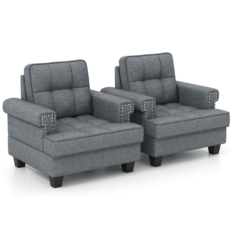 Latitude Run® 2 Pcs Mid-century Modern Accent Armchair With Thick Pillow & Cushion Studded Chair, Grey Fabric