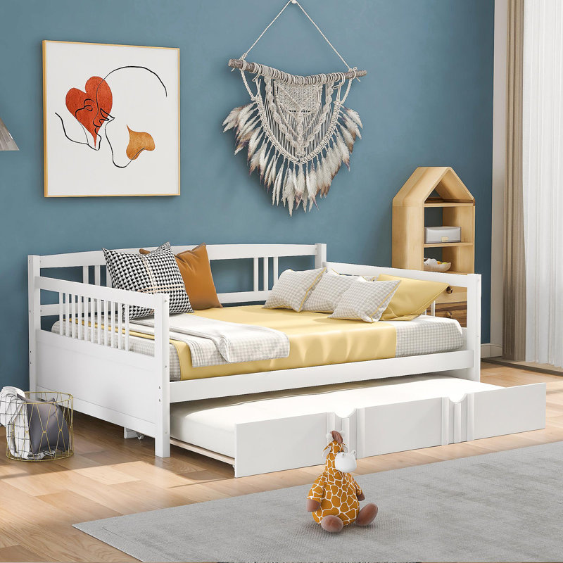 Lit de jour double en bois avec lit gigogne simple, Blanc