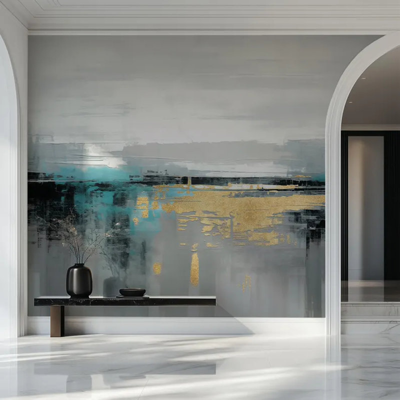 Murale paysage abstrait or bleu sarcelle, L 138 po x l 105,96 po