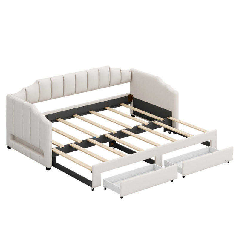 Lit de jour rembourré extensible avec deux tiroirs de rangement et lumière DEL, Beige