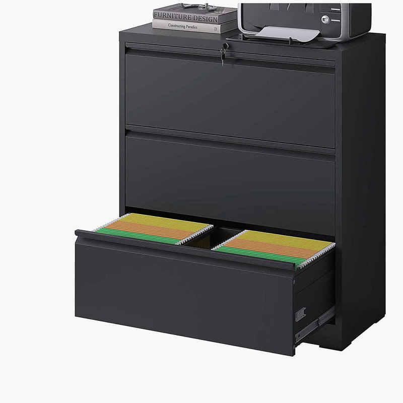 Lateral Metal File Cabinet 3 Drawer, Filing Cabinet with Lock, Black
