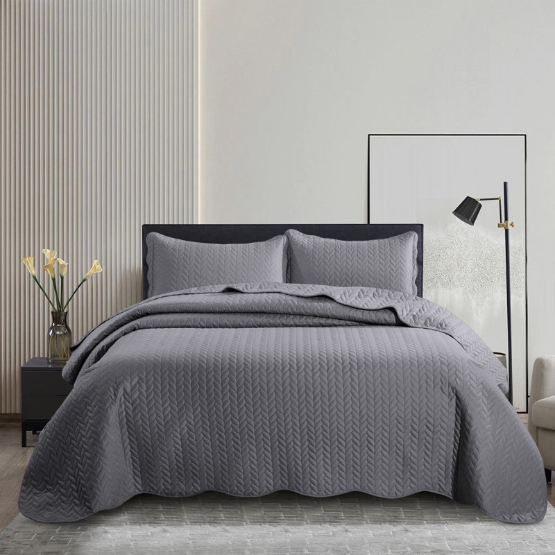 Embossed Microfiber Bedspread Set – All Seasoned Modern and Lightweight Bedding Set with Shams, Gray