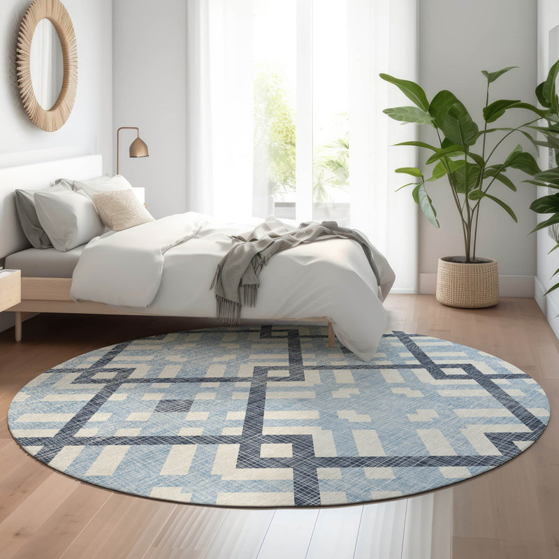 Premium Machine Washable Mayfield AMF616 Geometric Rug, Sky, 8' Round