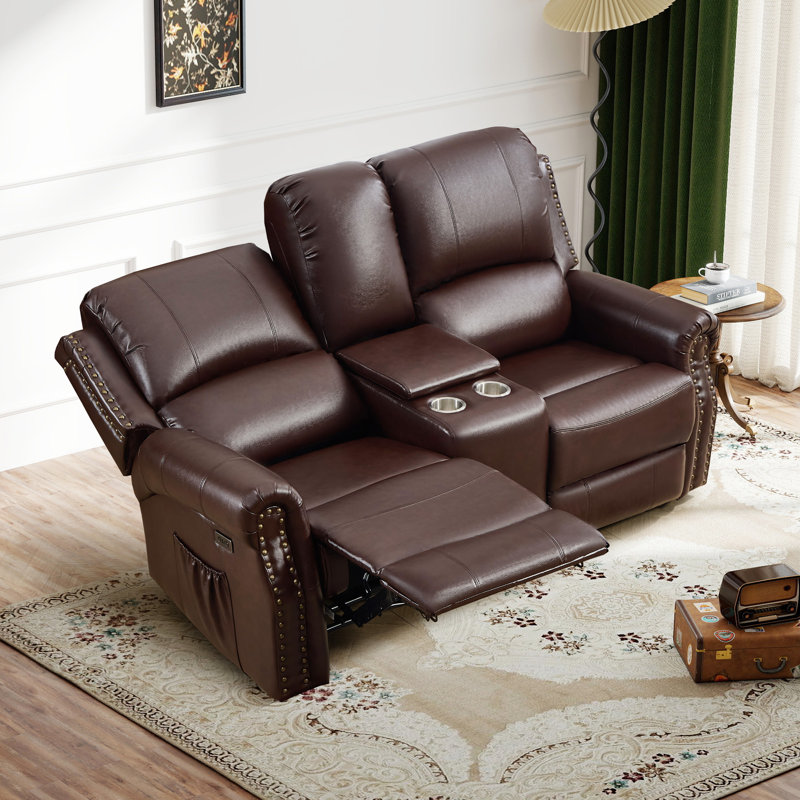 75.2" Faux Leather Power Reclining Loveseat With Nailhead Trim, Center Console, USB & Type-C Ports, Rustic Brown