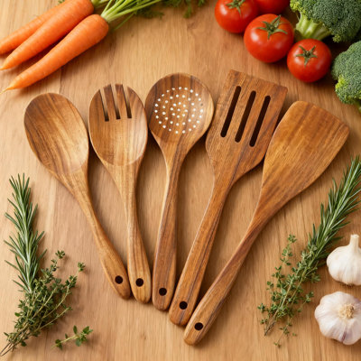 Natural Teak Wooden Spoons Set For Cooking - 5 Piece Kitchen Utensils With Spatula, Skimmer, Slotted Spoon, Salad Fork - Non-Stick Safe & Heat Resistant Tools