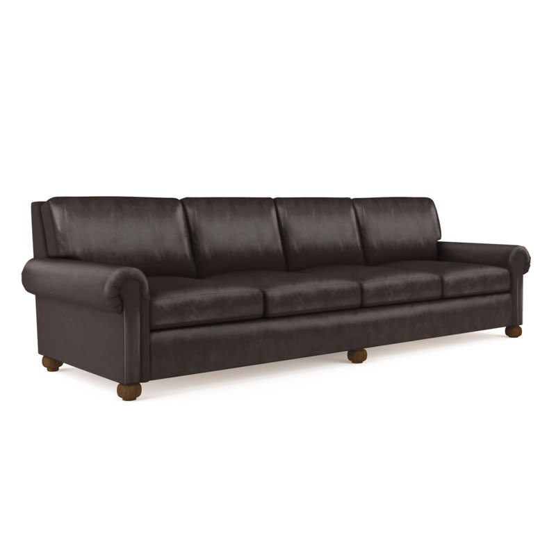 Canapé extra long à panneau roulé avec pieds en oignon Leroy, Brun foncé, H 36 po x l 120 po x P 43 po, Cuir rétro chocolat