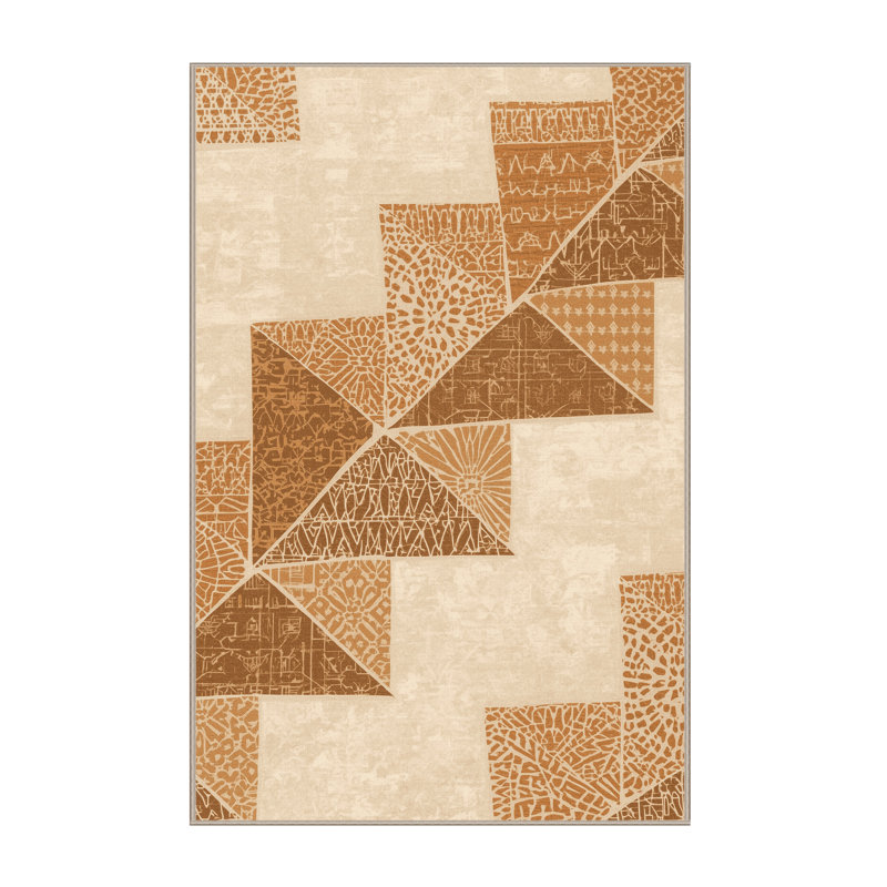 Machine Washable Tomohon Samosas Global Inspired Block Print Rug in Beige – Beige Binding, 8x10