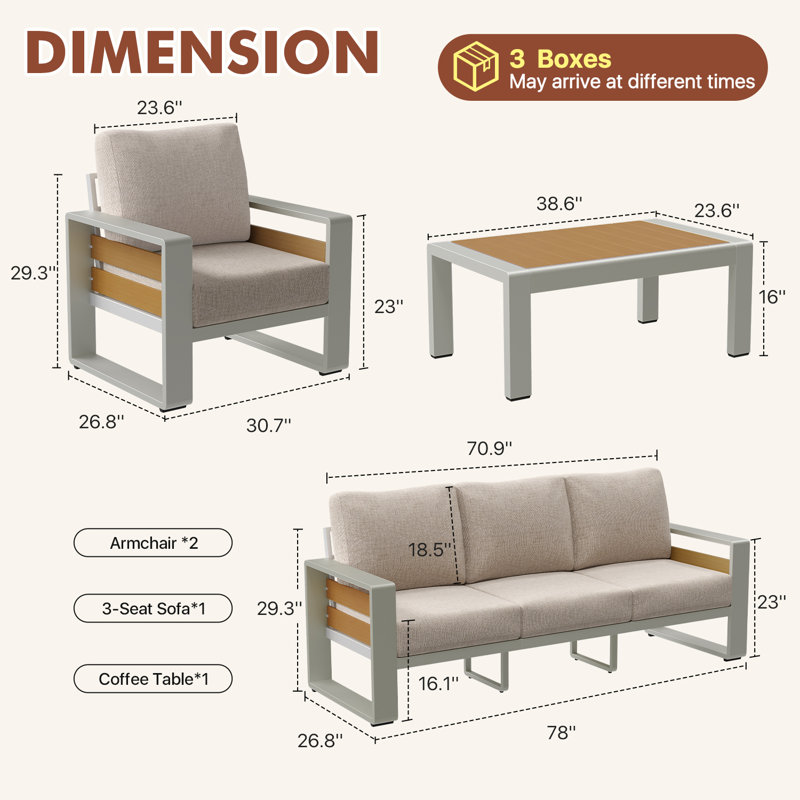 Ensemble de meubles d'extérieur en aluminium 4 pièces avec table basse et coussins épais, 4 pièces: table, canapé, 2 chaises