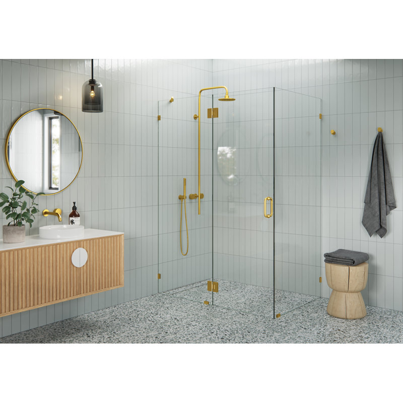 Halo 56 in. x 36 in. x 78 in. 90-degree Fully Frameless Glass Hinged Shower Enclosure, Satin Brass