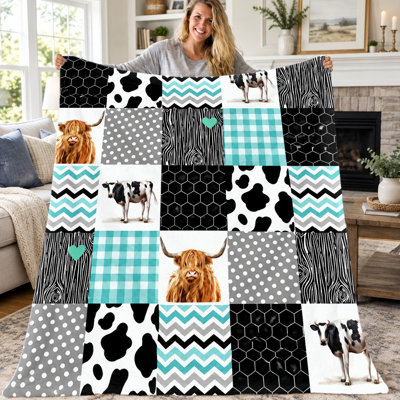 1pc Highland Cow Blanket, Patchwork Farm Animal Cow Print Flannel Throw, Cozy Soft Lightweight Blanket for Sofa Couch Bed Living Room Office Travel, Farmhouse Decor All‑Season Blanket, Machine Washable, Gift