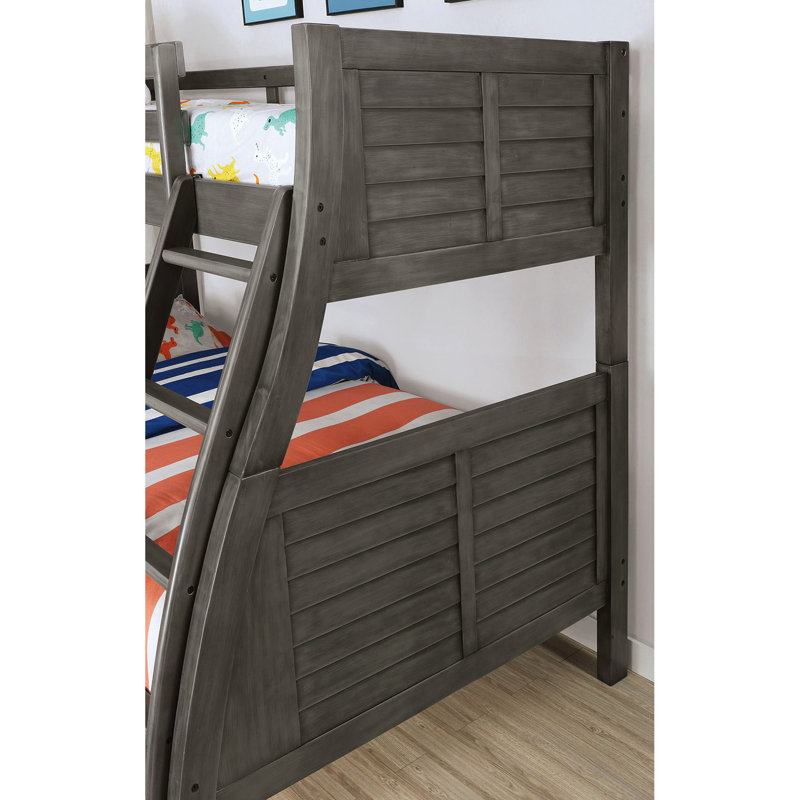 Lit superposé simple au dessus d'un lit double, transitionnel, gris, structure de style planche, réversible, bois massif, configuration utilitaire de chambre à coucher, profit