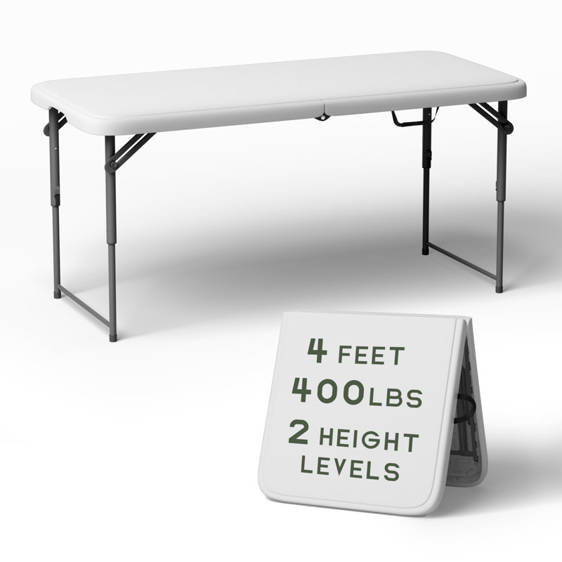 Table pliante rectangulaire en plastique PEHD de 4 pieds, 2 niveaux de hauteur facile à ajuster, 400 lb robuste, utilisation intérieure et extérieure, paquet de 1