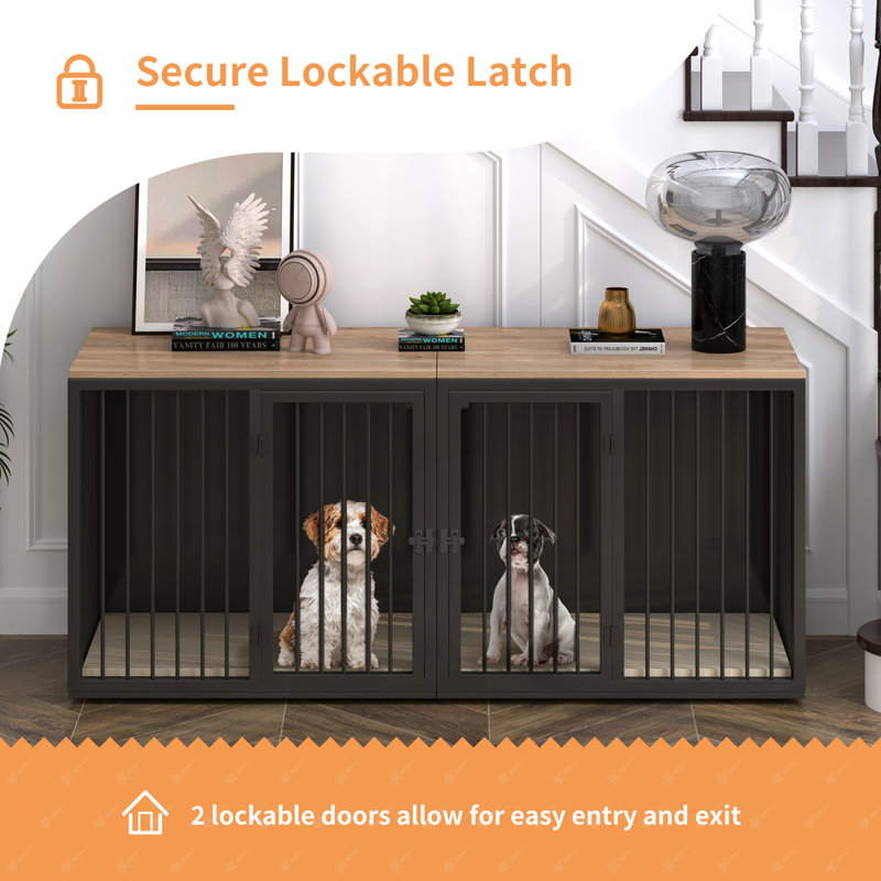 Large Black Steel Frame Double Dog Crate Furniture