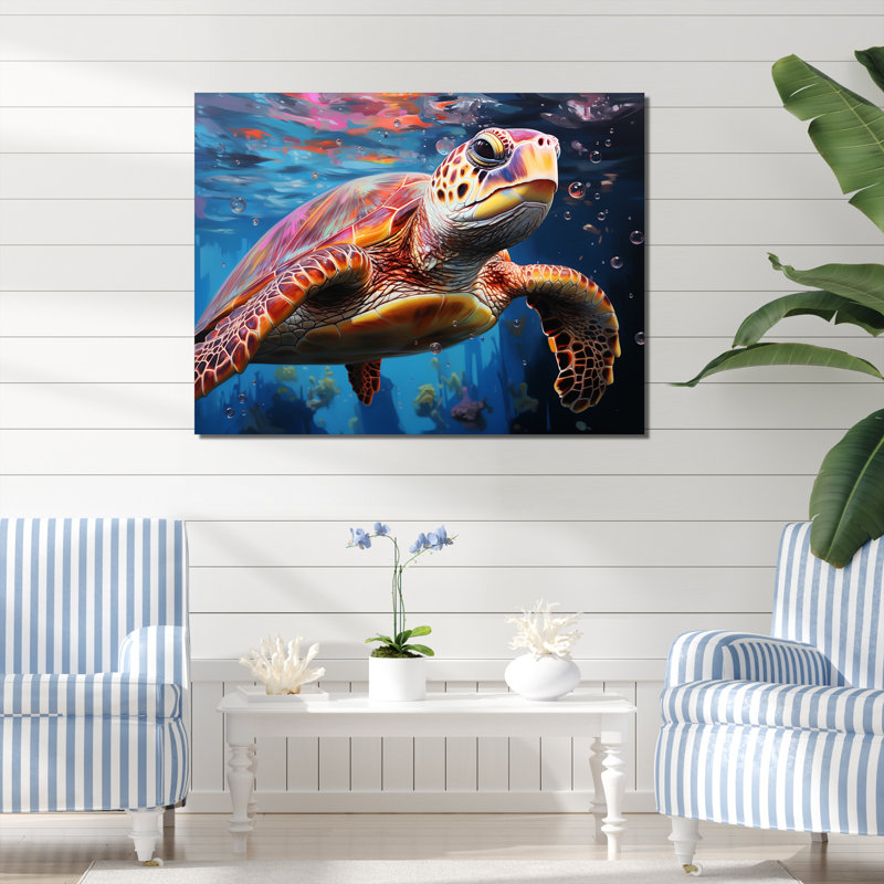Tortue de mer pastel sur toile, H 34 po x l 44 po x P 1,5 po, Toile tendue