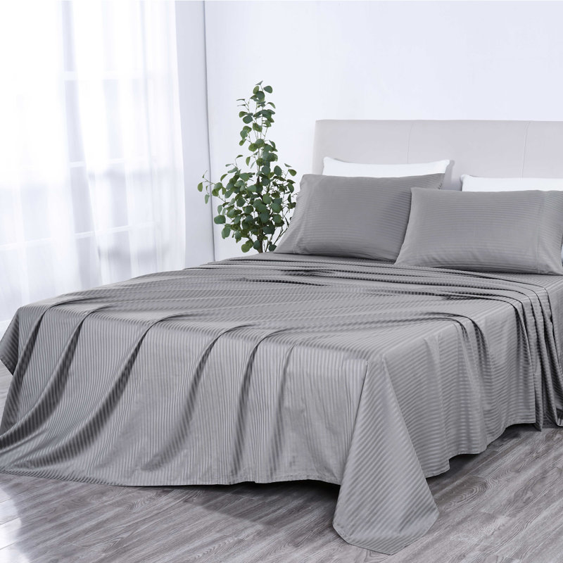 Ensemble de draps rayés Bibb Home 1000 fils - 100 % coton égyptien, Lit double, Argent