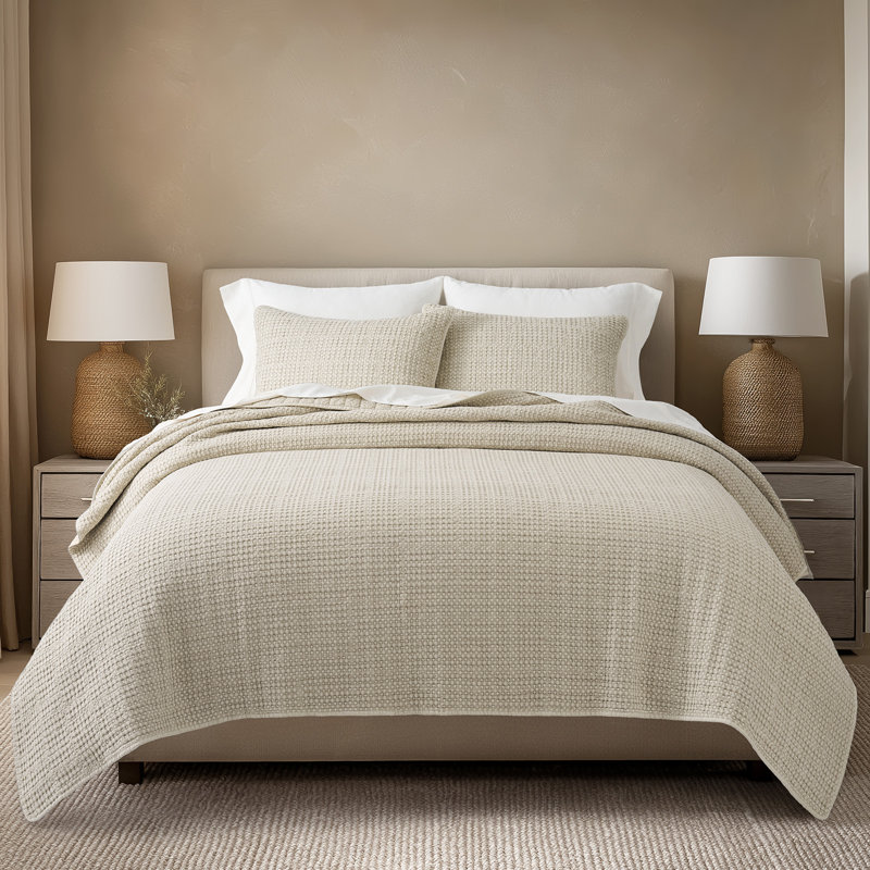 Ensemble de courtepointe 100% coton gaufré Stonewashed, Courtepointe grand + 2 couvre-oreillers standard, Vert olive