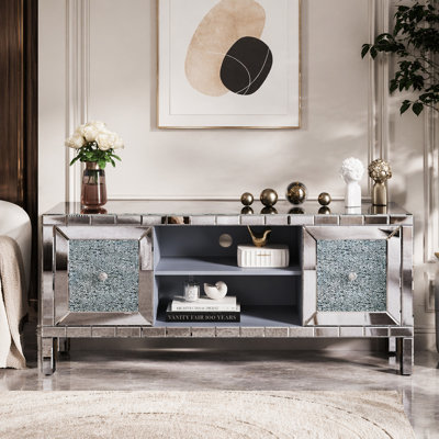 Meuble télé 60 po à miroir avec portes en verre concassé et meuble multimédia moderne pour le salon, console de rangement réglable pour téléviseur de 65 po