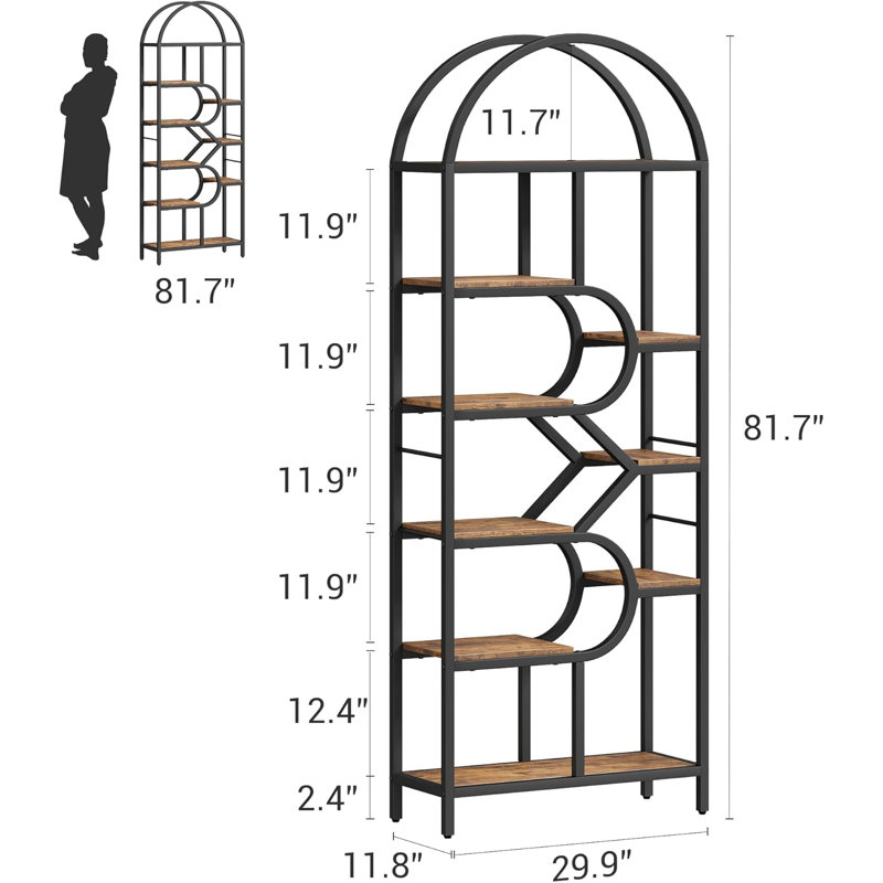81.7'' H Bookshelf, 6-Tier Arched Bookcase, Geometric Open Storage Shelf, Brown/Black