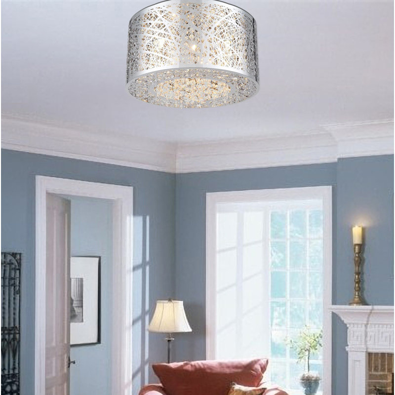 Ahriya 15.7-Inch Laser-Cut 4-Light Crystal Metal Flush mount, Chrome