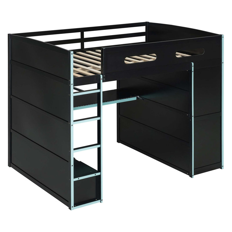 Lit mezzanine double en bois avec bureau, garde-robe, grand espace de rangement et lumière RVB, Bleu / Noir