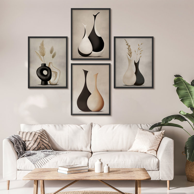 Ensemble de 4 pièces d'art mural moderne vase neutre - impressions bohème minimalistes avec de l'herbe de pampa pour la chambre ou le salon