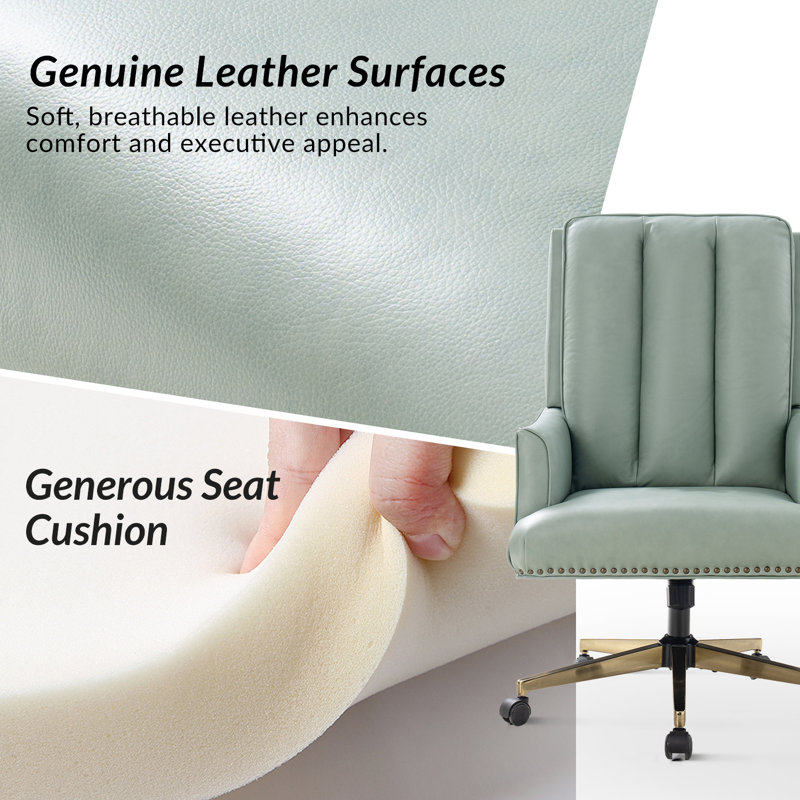 Mariana Transitional Genuine Leather Ergonomic High Back Executive Chair with Tilting and Nailhead Trim, Sage