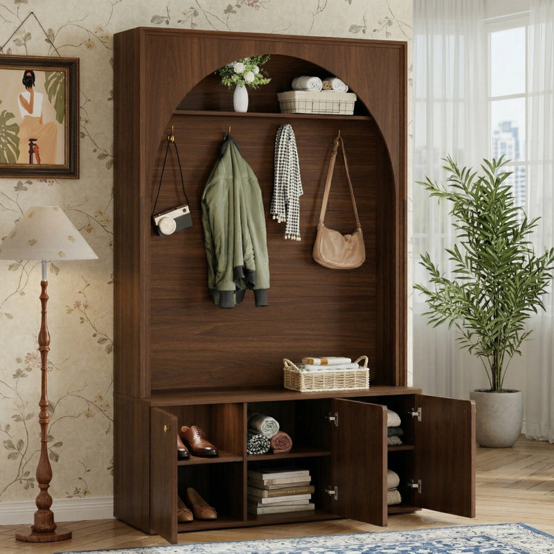 49” Wide Arched Entryway Hall Tree, Walnut