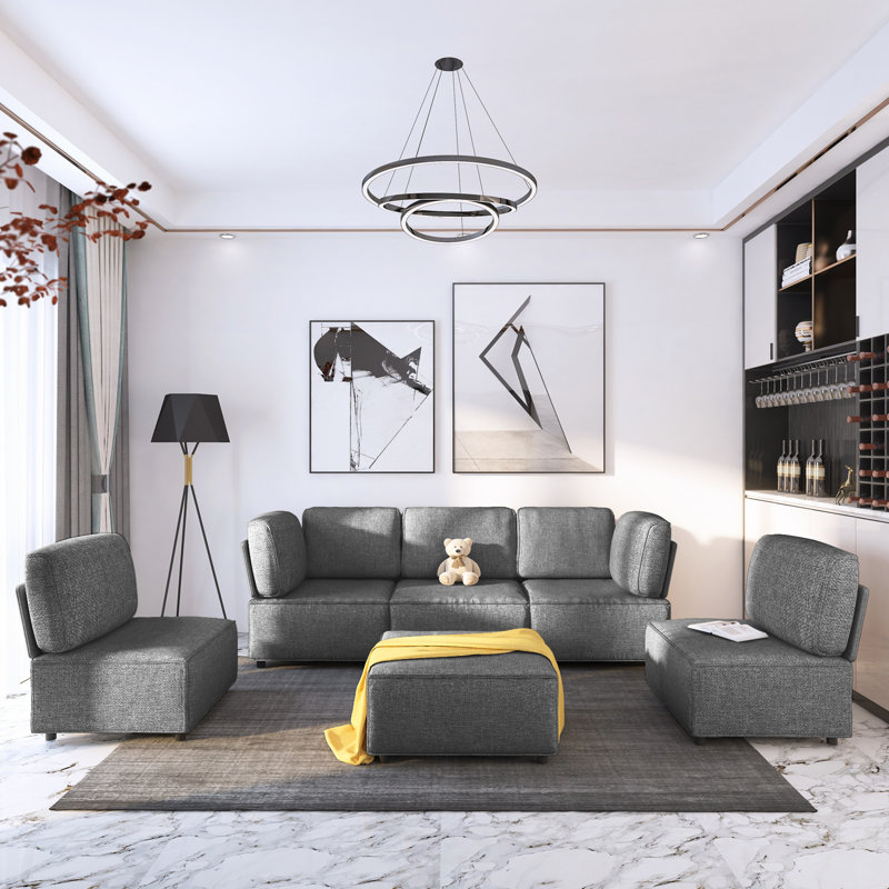 Latitude Run 3 - Piece Living Room Set - Modular Sleeper Sectional with Ottoman - L-Shaped Convertible Sofa Bed for Small Spaces