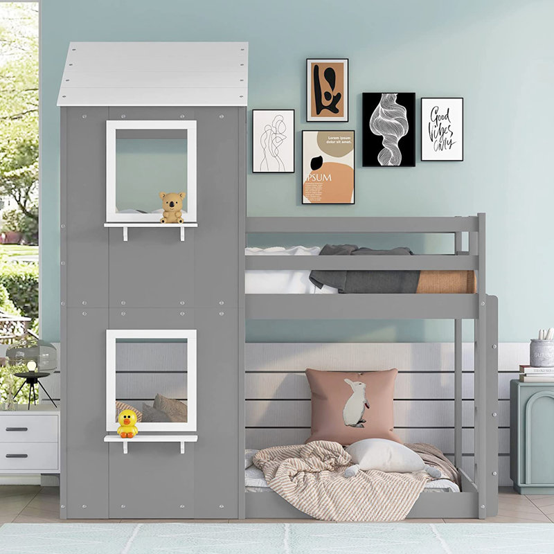 Muscotah Kids Twin Over Twin Bunk Bed, Grey