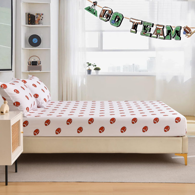 Kids/Teens Sports Fitted Sheet, 2-Pack – 2 Fitted Sheets + 4 Pillowcases (No Flat Sheet), White/Brown Football, Twin