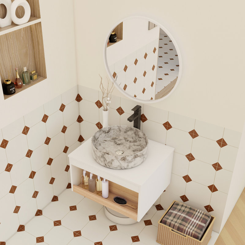 Meuble-lavabo flottant 24 po avec lavabo vasque rond et tablette ouverte 24 po, Marbre veiné gris