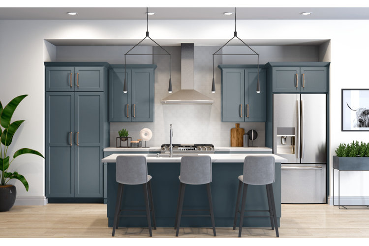 kitchen with blue painted cabinets