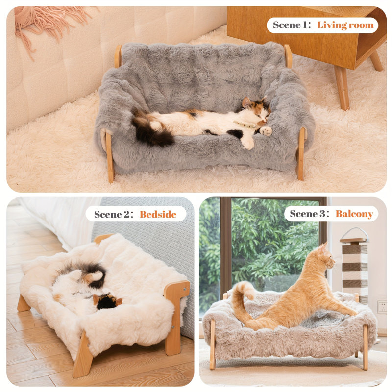Canapé-lit surélevé pour chat avec structure en bois, canapé doux et moelleux lavable pour chats d'intérieur, lit surélevé chaud pour animaux de compagnie