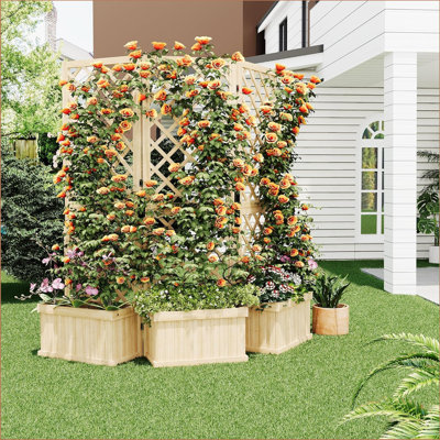 Écran d'intimité de jardin en bois avec jardinière - panneau de clôture extérieur autoportant 62 po x 10 po x 65 po, 3 sections à charnières avec trous de drainage, ensemble de lit surélevé pour patio, terrasse, cour - Bois de cèdre