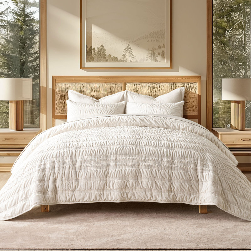 Ensemble de courtepointe Ruched, Courtepointe pour lit grand + deux taies décorati, Ivoire blanc