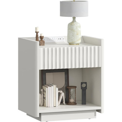 Fluted Nightstand with Charging Station, 22" Modern Side Table with Drawer End Table with Open Storage, Bedside Table for Bedroom, Living Room, White