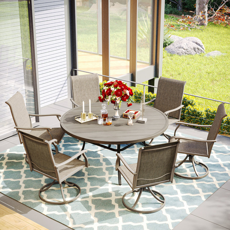 Deval 6 - Person Patio Dining Set with Round Table, Brush Wood Gray