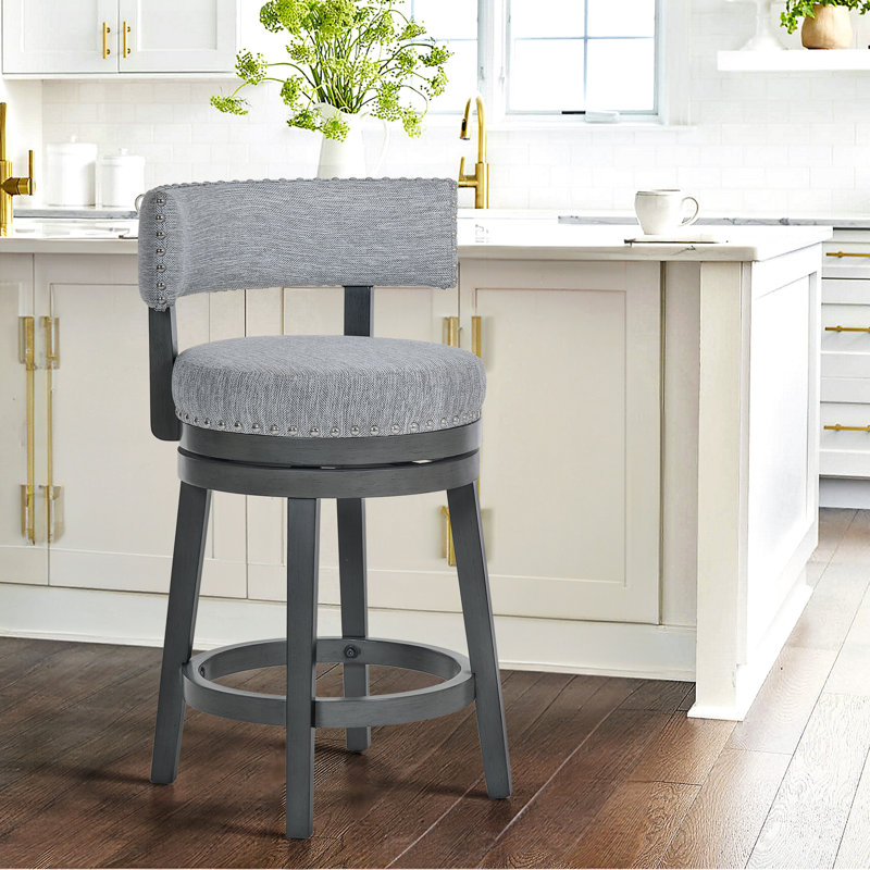Tabouret de bar pivotant à 360 ° avec garniture cloutée, chaise de bar en bois massif pour îlot de cuisine, Gris