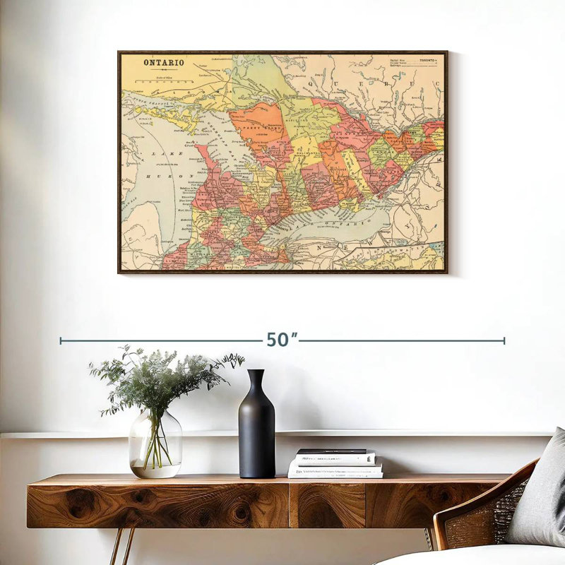 Carte de Ontario, 37 po x 25 po, Cadre flottant noyer