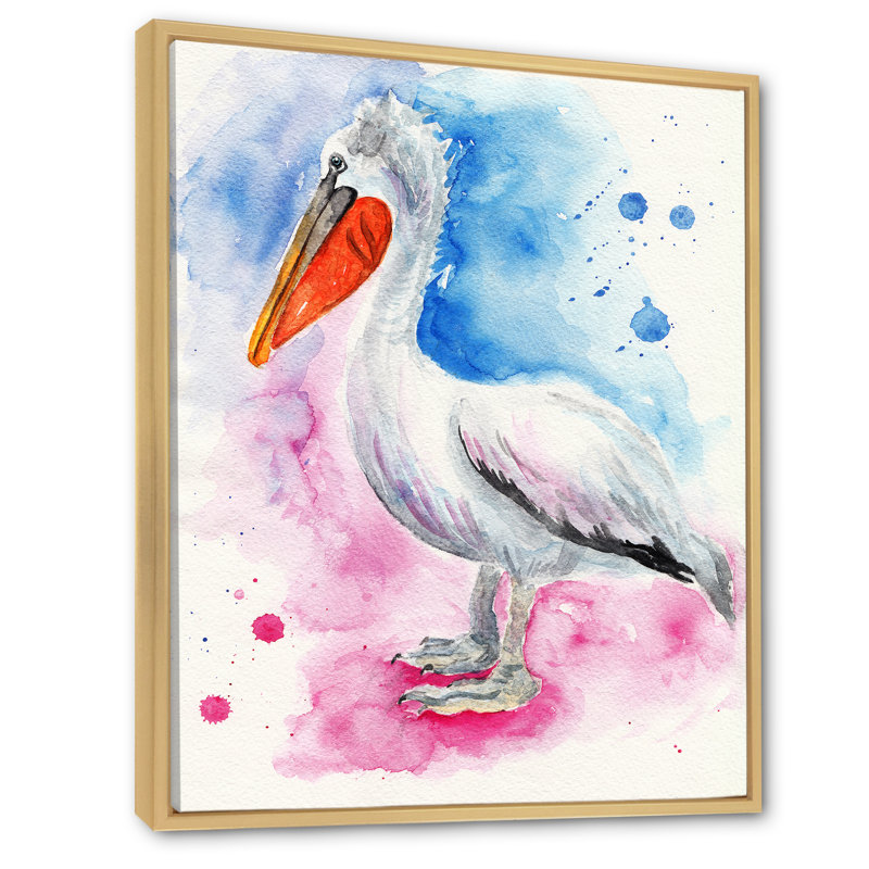 Pélican bleu et rose, H 32 po x l 16 po x P 1 po, Toile naturelle avec cadre flottant