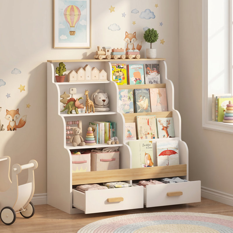 Front-Facing Toddler Bookshelf With 2 Storage Drawers, White