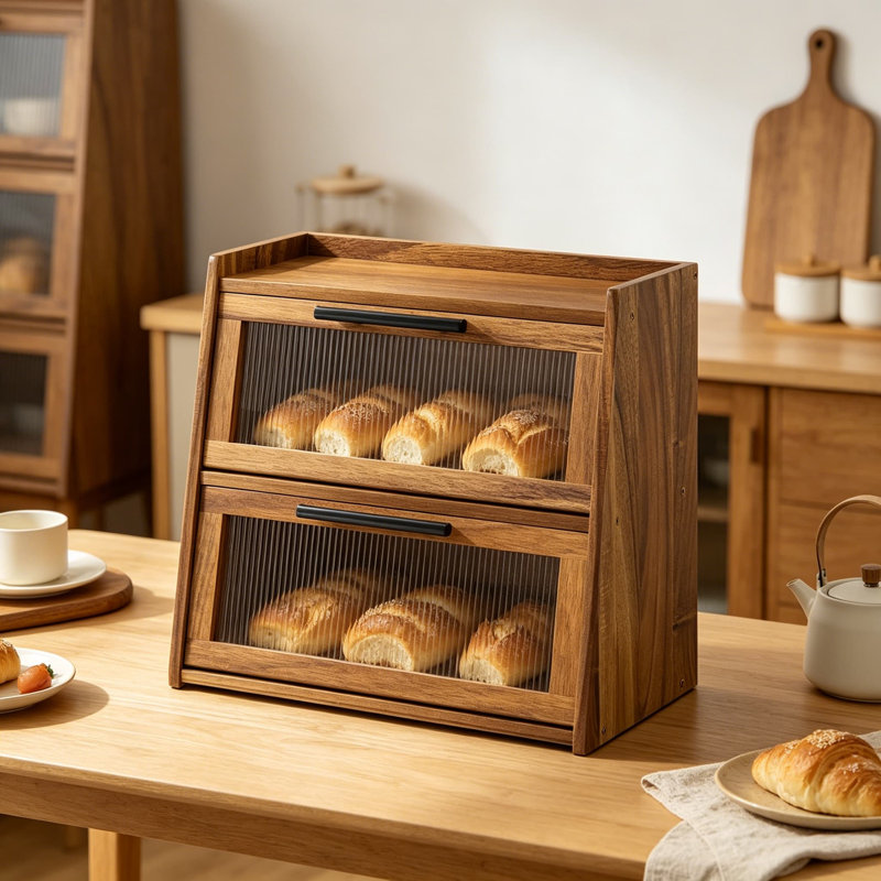 Boîte à pain en bois à double couche pour comptoir de cuisine, contenant à pain en bois avec fenêtre cannelée en acrylique et poignées en bronze, support à pain de comptoir pour rangement de cuisine organisé