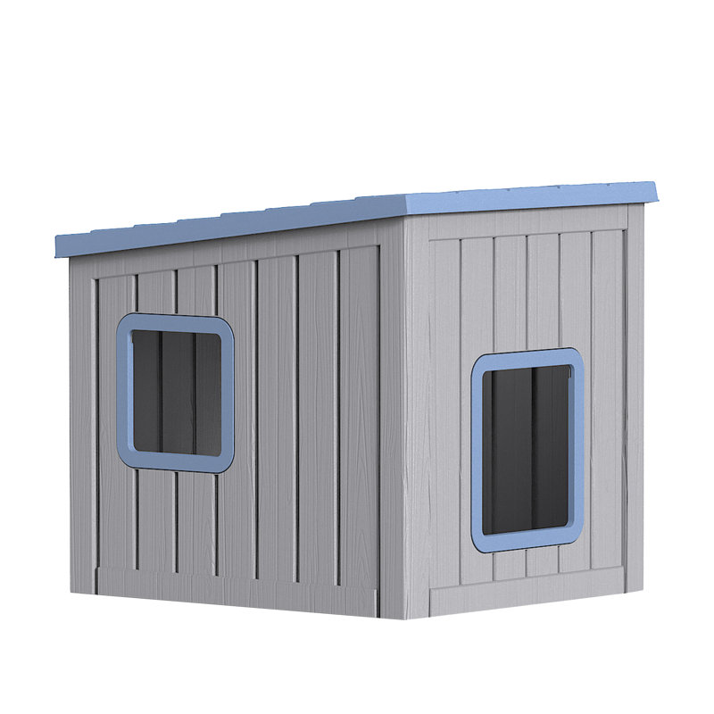 Maison pour animaux d'extérieur en résine résistante aux intempéries avec toit incliné (bleu et gris) 22,23 "H, Bleu/Gris