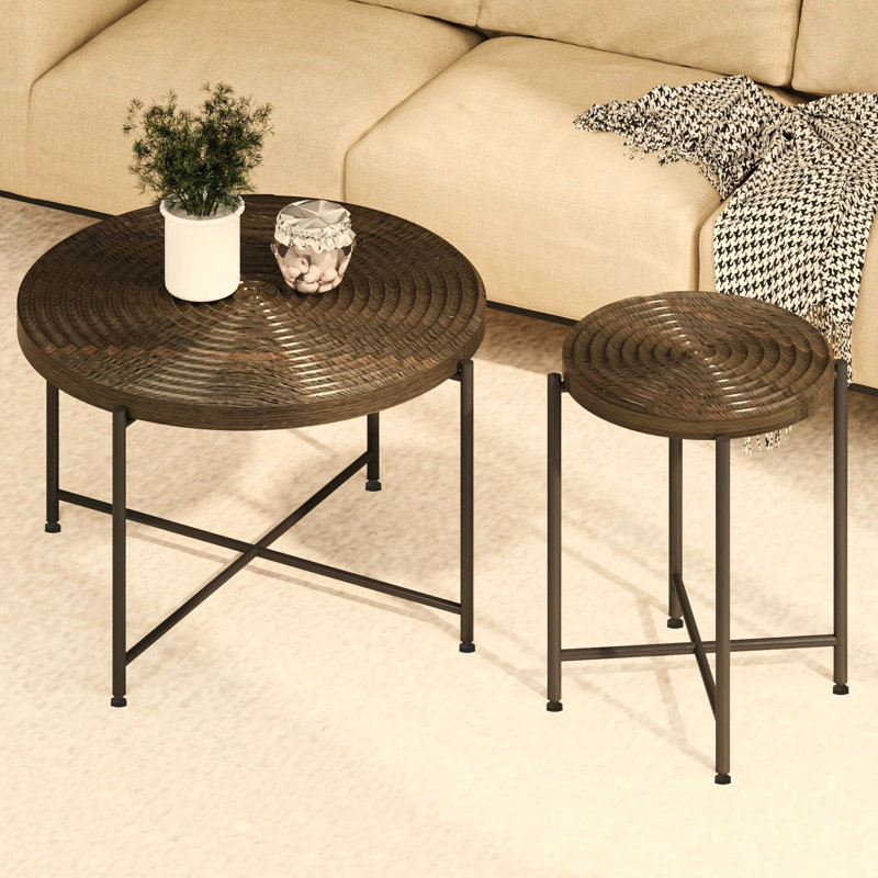 Coffee And End Table - Dark Walnut, With Cover, Robust Black Metal Legs Distressed Cylindrical Look Walnut Pair Waterproof Style For Home Decor