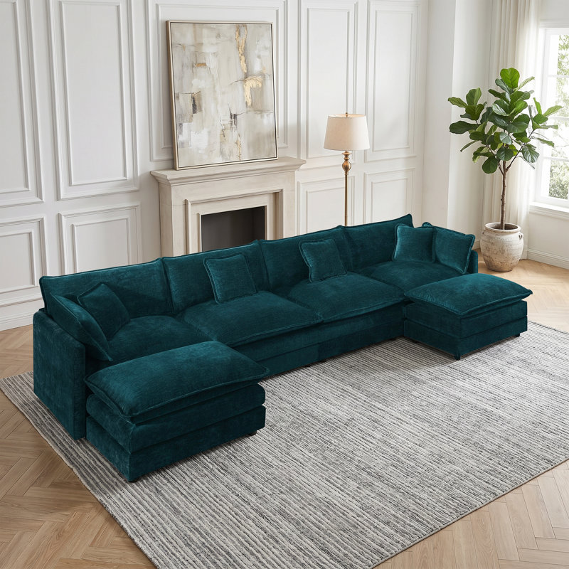 Grand canapé modulaire en U modulaire en chenille 6 pièces Clithoe, canapé rembourré en chenille avec 2 repose-pieds amovibles
