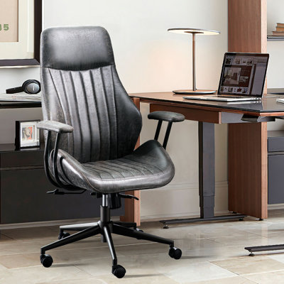 Albaugh Ergonomic Office Chair, High Back Swivel Rolling Executive Chair, Mid-Century Faux Lether with Lumbar Support, Large Computer Desk Task Chair with Suede Fabric for Home
